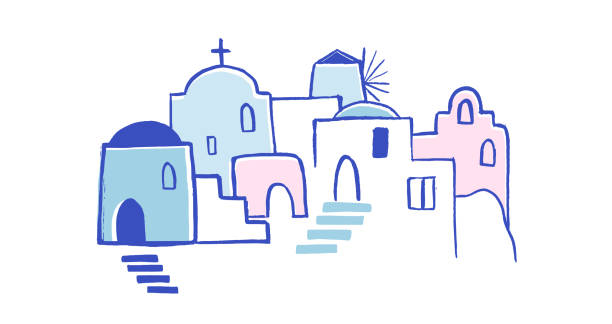 illustrazioni stock, clip art, cartoni animati e icone di tendenza di grecia illustrazione disegnata a mano. strade del centro storico di santorini, case e chiese tradizionali e famose con cupole blu - cultura greca immagine