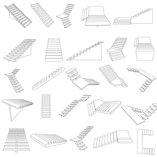 illustrations, cliparts, dessins animés et icônes de ensemble avec des contours d’escaliers de différents types isolés sur fond blanc. illustration vectorielle - building activity home decorating architecture three dimensional shape