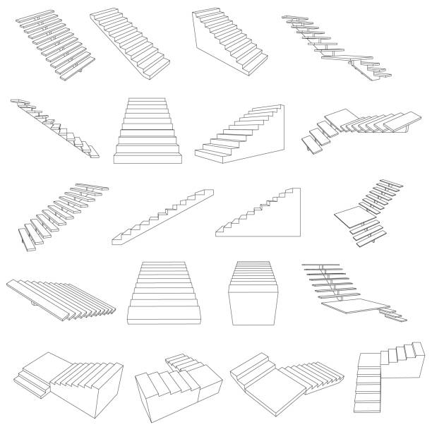 illustrations, cliparts, dessins animés et icônes de ensemble avec des contours d’escaliers de différents types isolés sur fond blanc. illustration vectorielle - building activity home decorating architecture three dimensional shape