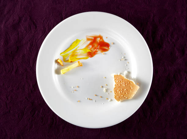 Looking down on a plate with eaten fast food