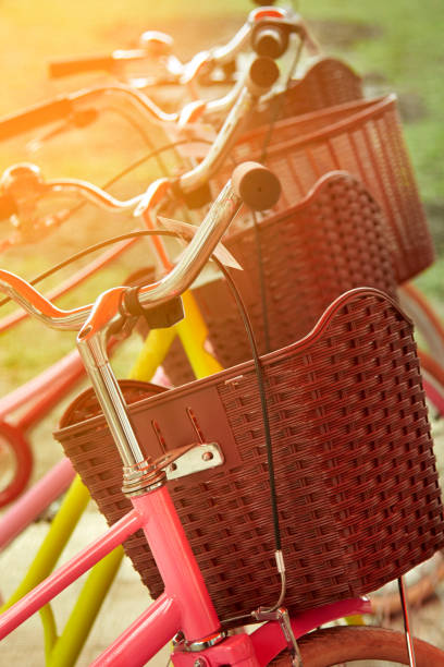 Pink bikes with brown baskets standing in a row for sale.