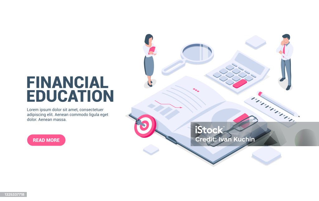 Financial literacy and learning concept. Accounting, investment, home savings. Vector illustration in isometric style. Isolated on white background. Financial Literacy stock vector