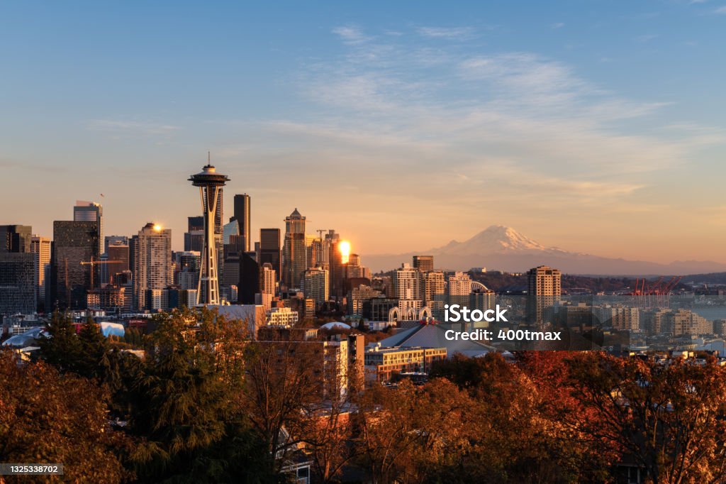 Sunset Bright Seattle Skyline Sunset. Seattle Stock Photo