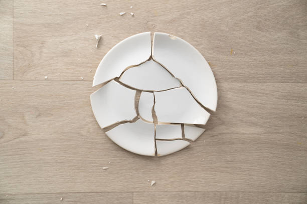 istock shards from a broken white plate on the floor. 1325339497