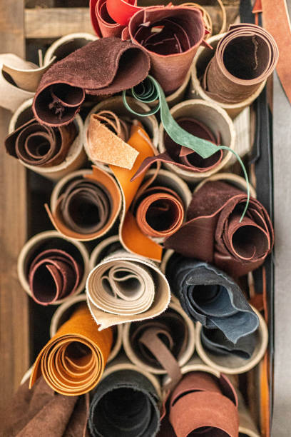 Material for creating handmade production at leather workshop. Storage organization at tannery stock photo