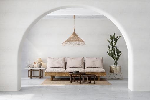 Moderna sala de estar blanca con sofá, mesa de centro, planta de cactus y luz colgante photo