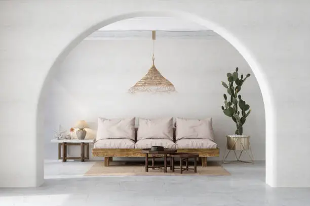 Photo of Modern White Living Room With Sofa, Coffee Table, Cactus Plant And Pendant Light