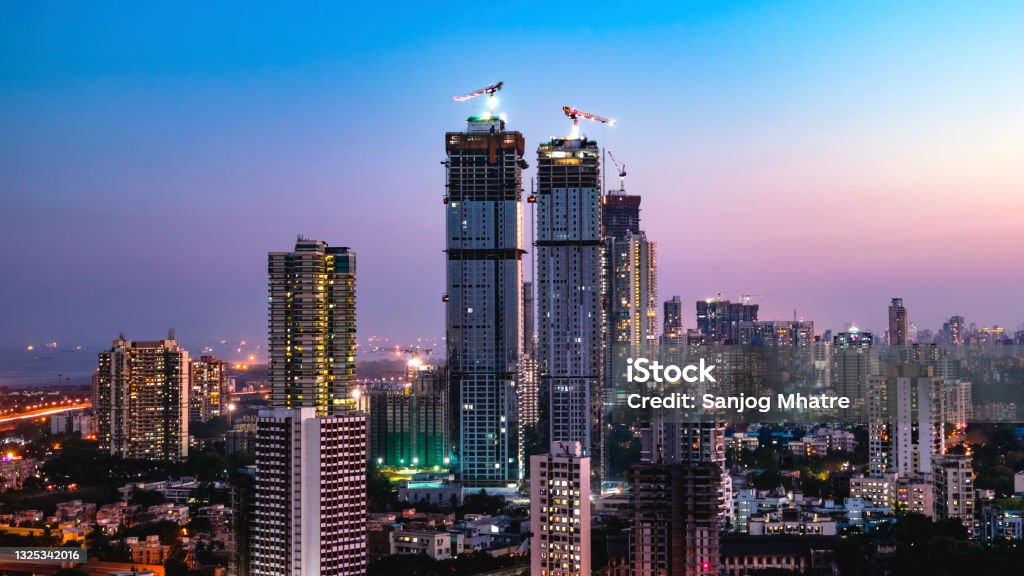 Mumbai skyline- Wadala, Sewri, Lalbaug. A twilight view of the skyline of the eastern seaboard of Mumbai Mumbai under construction. India Stock Photo