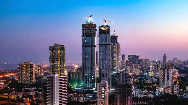 A twilight view of the skyline of the eastern seaboard of Mumbai Mumbai under construction.