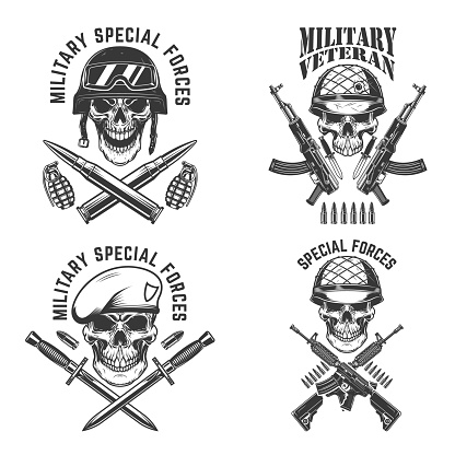 Military veteran. Special forces. Crossed assault rifles with soldier skull in army helmet. Design element for label, sign, emblem. Vector illustration