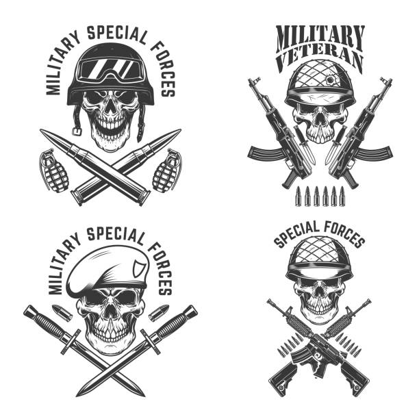 Military veteran. Special forces. Crossed assault rifles with soldier skull in army helmet. Design element for label, sign, emblem. Vector illustration Military veteran. Special forces. Crossed assault rifles with soldier skull in army helmet. Design element for label, sign, emblem. Vector illustration machine gun stock illustrations