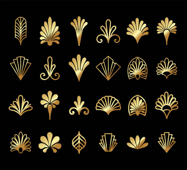 ilustrações, clipart, desenhos animados e ícones de belo conjunto de art deco, gatsby palmette ornamenta da moda dos anos 20 e vetor de tendências de design - filigree gold leaf frame backgrounds