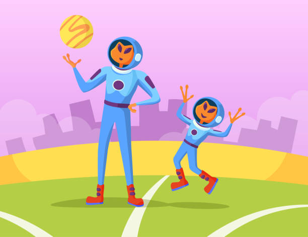 obcy ojciec i syn bawią się ilustracją wektorową piłkę - father alien child characters stock illustrations