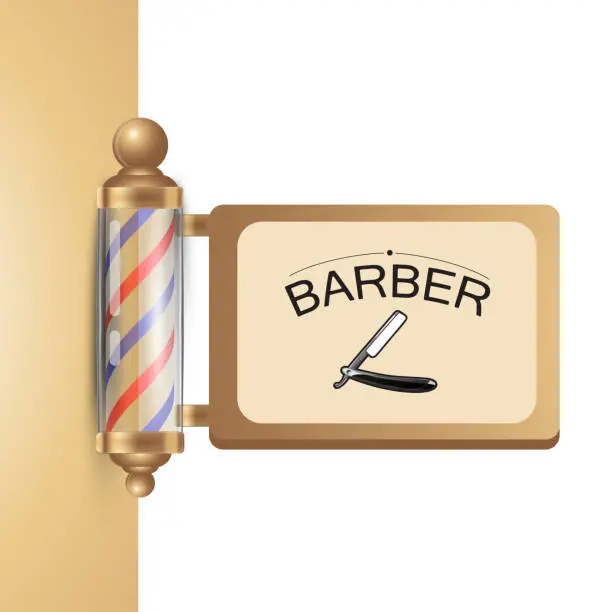 Vector illustration of Realistic old fashioned vintage golden and glass barber shop pole with barber sign.