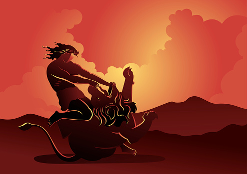 An illustration of Samson fighting the lion, Biblical Series
