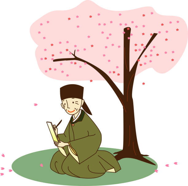 ilustrações de stock, clip art, desenhos animados e ícones de an elderly person singing a song under a cherry tree. - tanka