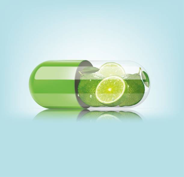 istock Medical green capsule with lemon on blue background. Vector illustration 1325352664