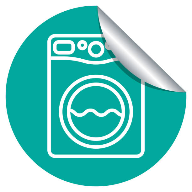 Laundry machine icon on a peeling sticker label. White symbol of clothes washing machine on a green sticker circle. Vector illustration. Laundry machine icon on a peeling sticker label. White symbol of clothes washing machine on a green sticker circle. Vector illustration. laundry detergent stock illustrations