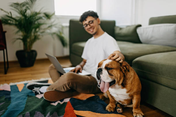 istock Young man working and playing with his dog 1325357482
