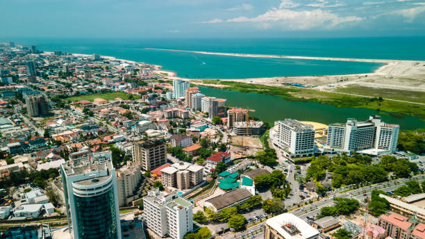 Drone view of major roads and traffic in Victoria Island Lagos Victoria Island Lagos, Nigeria - 24 June 2021: Drone view of major roads and traffic in Victoria Island Lagos showing the cityscape, offices and residential buildings. nigeria stock pictures, royalty-free photos & images