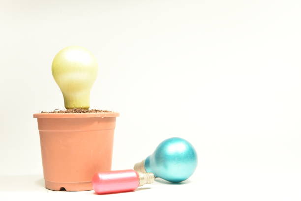 Yellow, green and pink colored bulbs and a plant pot filled with soil Image of bulbs of various colours - yellow, green and pink along with a brown flower pot filled with soil, with the yellow bulb planted in the flower pot depicting growth of ideas. sabby stock pictures, royalty-free photos & images