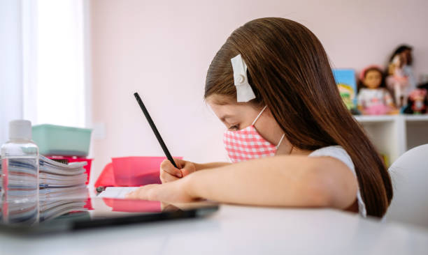 istock Girl with mask doing homework in her bedroom 1325362900