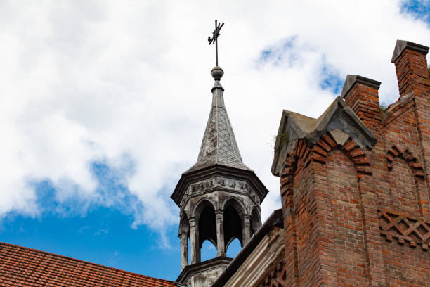 Closeup of Neo-Gothic Catholic Church of the Sacred Heart of Jesus in Stoyaniv, Ukraine