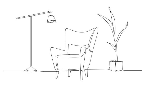 ilustraciones, imágenes clip art, dibujos animados e iconos de stock de un dibujo continuo de la línea de sillón y lámpara y planta en maceta. muebles elegantes para el interior de la sala de estar en estilo lineal simple. ilustración vectorial de trazo editable - office contemporary furniture domestic room