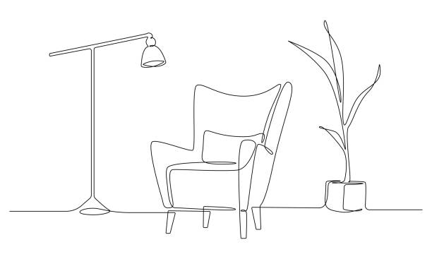 One continuous Line drawing of armchair and lamp and potted plant. Stylish furniture for living room interior in simple linear style. Editable stroke Vector illustration One continuous Line drawing of armchair and lamp and potted plant. Stylish furniture for living room interior in simple linear style. Editable stroke Vector illustration. electric lamp illustrations stock illustrations