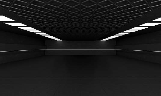 Empty warehouse interior. 3D Render Storehouse building or storage room with light. Horizontal composition with copy space.