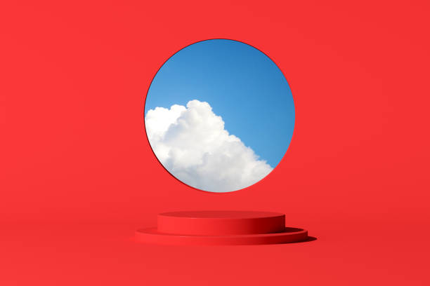 istock 3d rendering of fluffy cloud in a circle window and red round podium for product presentation. Minimal concept. 1325366863