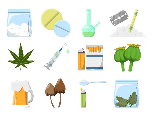 Set of drugs vector isolated. Concept of adiction Set of drugs vector isolated. Concept of adiction and danger for health. Cocaine, tablet, syringe and marijuana. Narcotic collection. cannabis narcotic stock illustrations