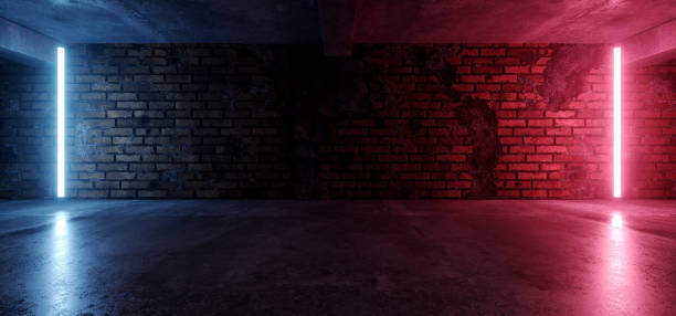 istock Neon Lights Grunge Sci Fi Underground Garage Car Room Cement Asphalt Concrete Brick Wall Realistic Blue Purple Colors Cyber Background 3D Rendering 1325369035