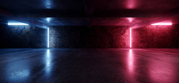 istock Neon Lights Grunge Sci Fi Underground Garage Car Room Cement Asphalt Concrete Brick Wall Realistic Blue Purple Colors Cyber Background 3D Rendering 1325369049