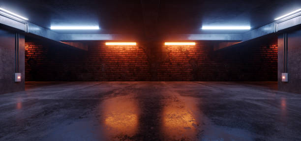 istock Neon Lights Grunge Sci Fi Underground Garage Car Room Cement Asphalt Concrete Brick Wall Realistic Blue Orange Colors Cyber Background 3D Rendering 1325369063
