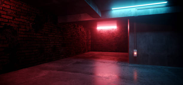 istock Neon Lights Grunge Sci Fi Underground Garage Car Room Cement Asphalt Concrete Brick Wall Realistic Blue Purple Colors Cyber Background 3D Rendering 1325369067