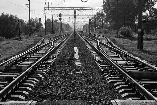 Railroad track in black and white.