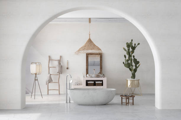 Modern White Bathroom With Bathtub, Cactus Plant, Floor Lamp And Wooden Ladder Modern White Bathroom With Bathtub, Cactus Plant, Floor Lamp And Wooden Ladder spa room stock pictures, royalty-free photos & images