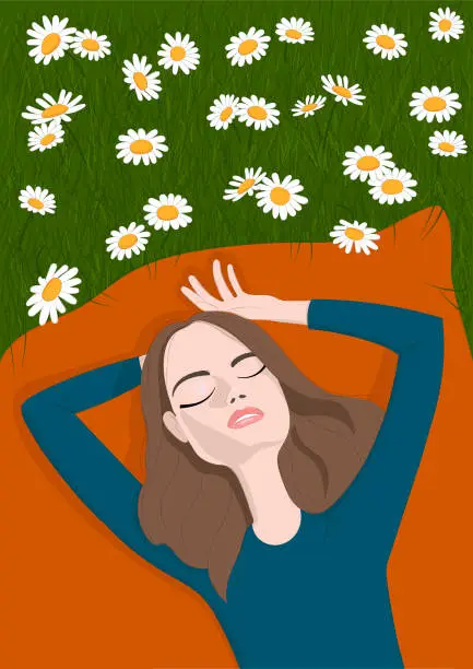 Vector illustration of Girl lying on green grass with camomiles. Person enjoying beautiful nature. Summer time.