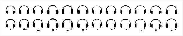 ilustrações, clipart, desenhos animados e ícones de conjunto de ícones de fones de ouvido. fone de ouvido com microfone. fone de ouvido com ilustração vetorial de microfone fundo branco isolado - headset