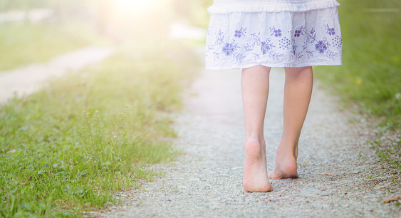 Little Girl Wearing a Summer Dress Walking Alone - Rear View