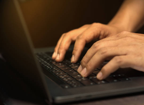 istock Hands of a business man working from home using a notebook computer, indoors, with flare and focus selected. 1325375982
