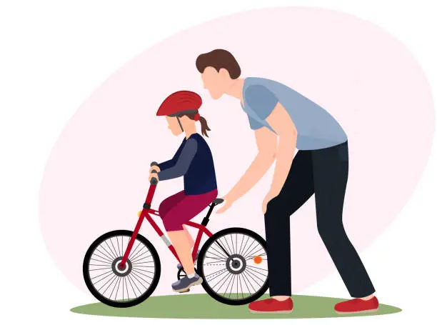 Vector illustration of Father teaching daughter to ride a bike, family concept, flat vector illustration