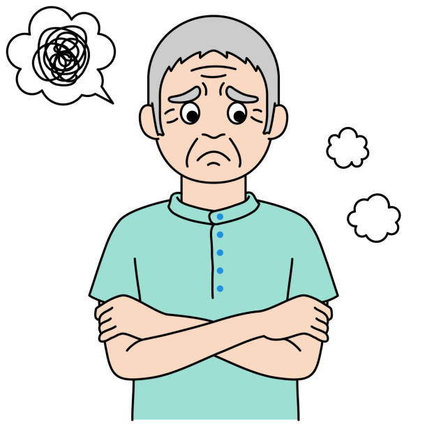 Elderly people with troubled facial expressions with their arms crossed [color illustration] A simple color illustration of an embarrassed grandfather sighing stock illustrations