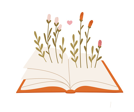 Vector illustration of an open book with flowers growing, and heart. Illustration dedicated to the Day of Book Lovers, August 9. The concept of reading growth, promotion of reading. Hand-drawn.