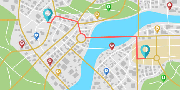 вымышленная карта города навигация с реками и парками. - map background stock illustrations