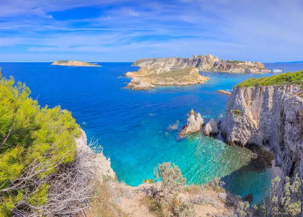 Photo of Seascape of Tremiti archipelago with Pagliai cliffs in San Domino island, Cretaccio, San Nicola and Capraia islands in background.
