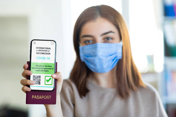 istock Young woman using digital vaccine passport app in mobile 1325379990