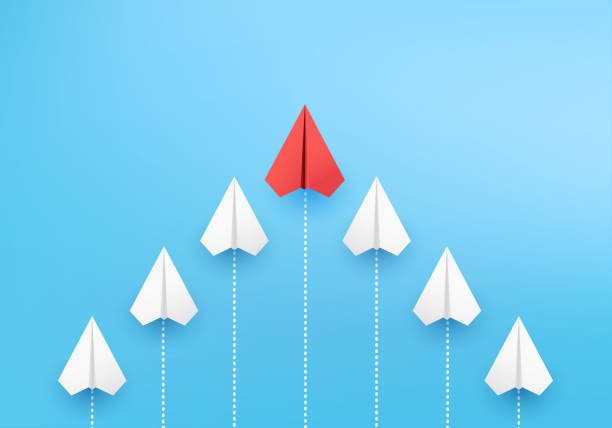 istock Business creative idea minimal concept plane 3D paper, group of paper plane in one direction, one individual pointing in the different way. plane 3D on blue paper for business new idea creativity innovative 1325383030