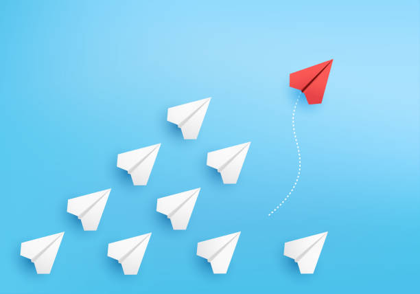 istock Business creative idea minimal concept plane 3D paper, group of paper plane in one direction, one individual pointing in the different way. plane 3D on blue paper for business new idea creativity innovative 1325383055